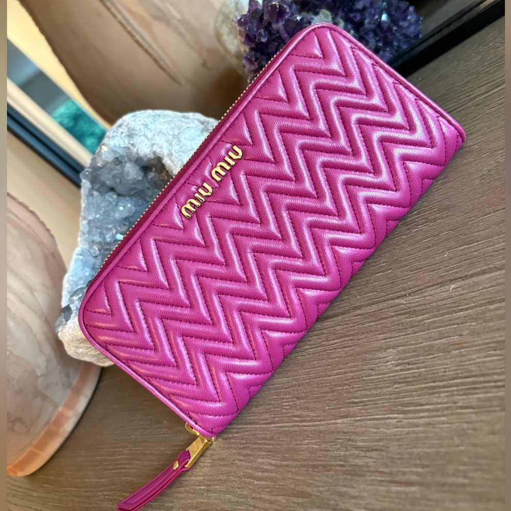 Miu Miu Quilted Chevron Zip Wallet in Bright Pink with Gold Hardware